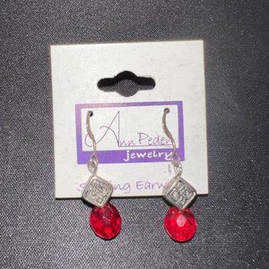 Ann Peden 925 Sterling Ear Wires Faceted Red Beaded Dangle Pierced Earrings